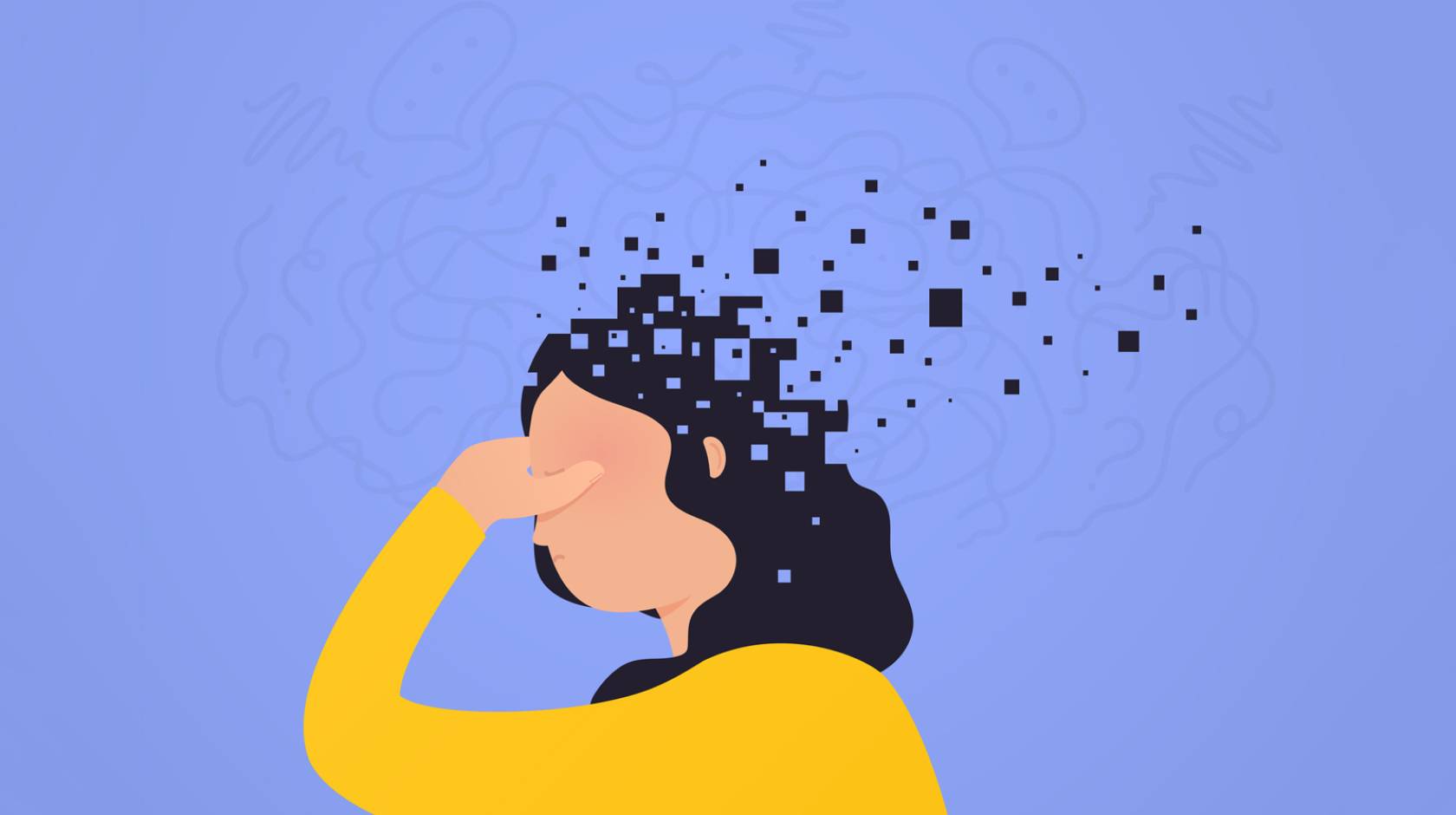 Simple, warm illustration of a woman in a yellow shirt holding her head, with little squares trailing behind her, signifying mental fragmentation, on a lilac background