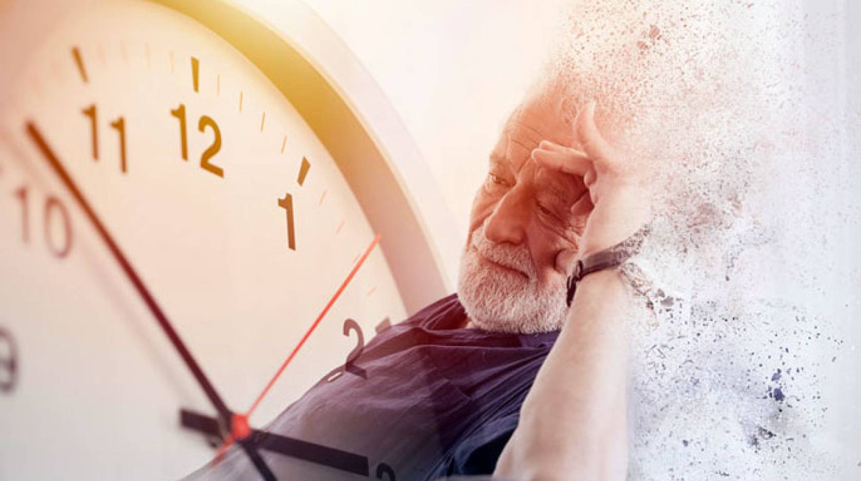 An older man with a clock graphic behind him