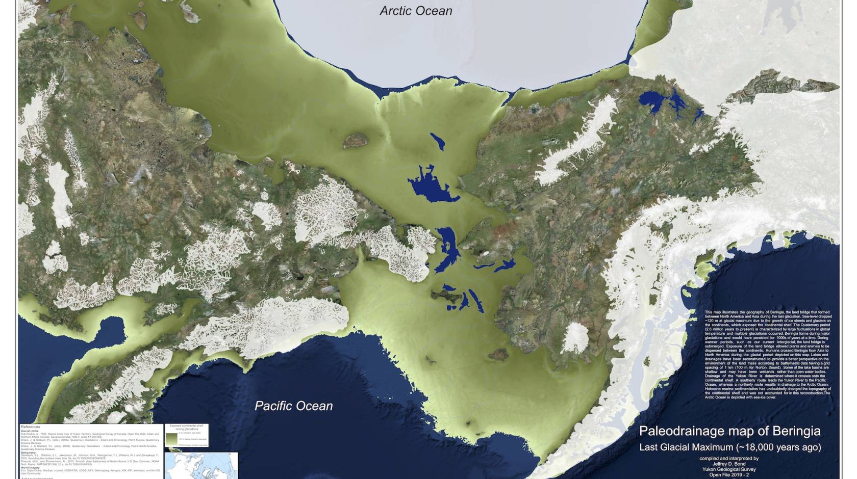 Overhead map of Beringia, the land bridge between North America and Asia