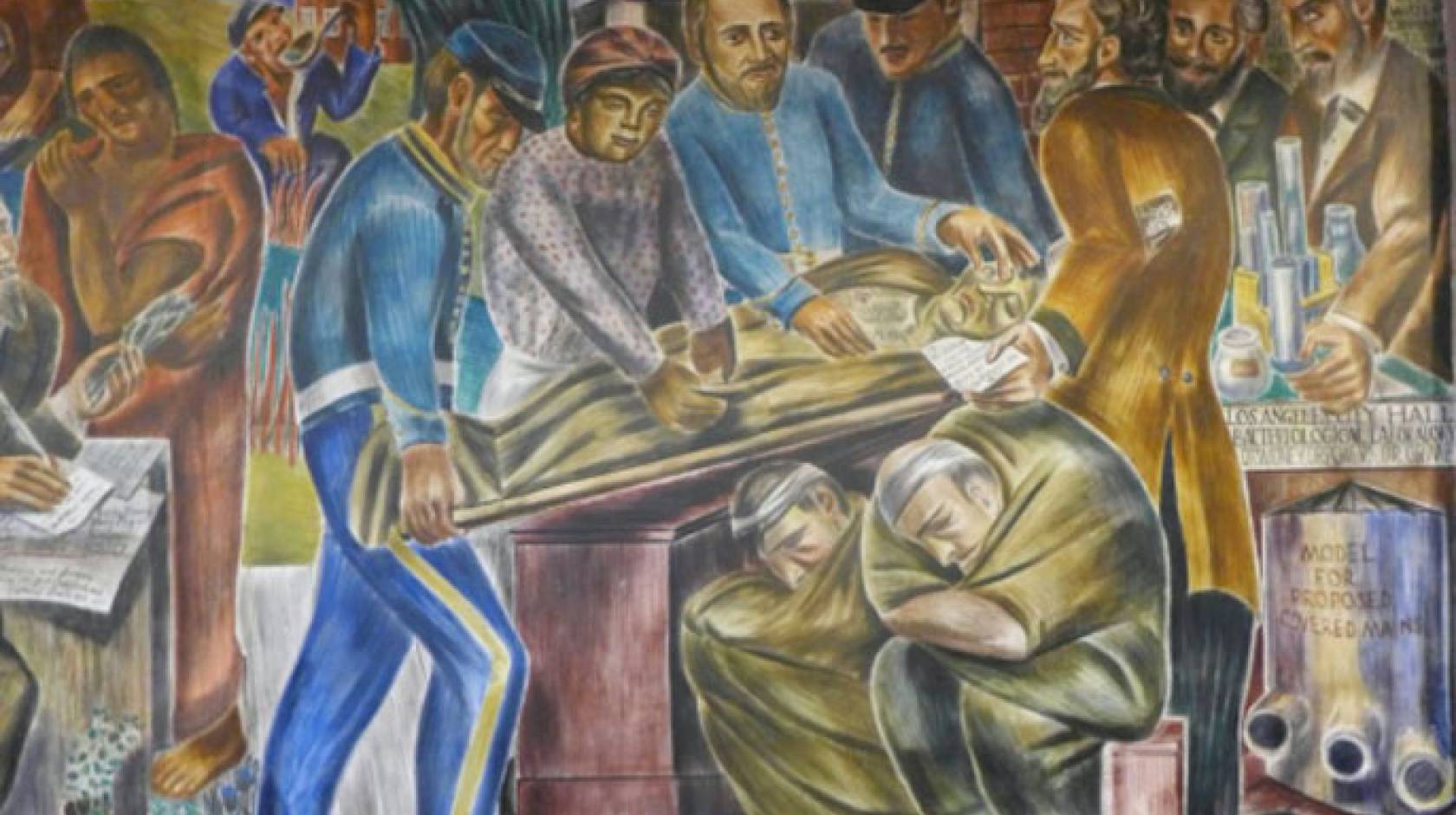 Mural of people helping someone on a stretcher