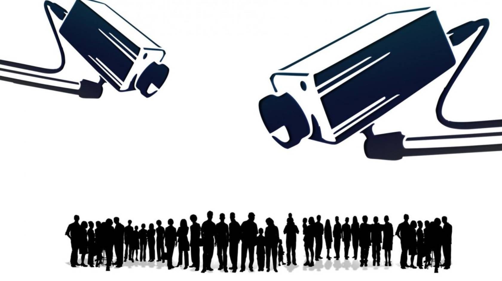 Illustration of two security cameras over a crowd of people in a line