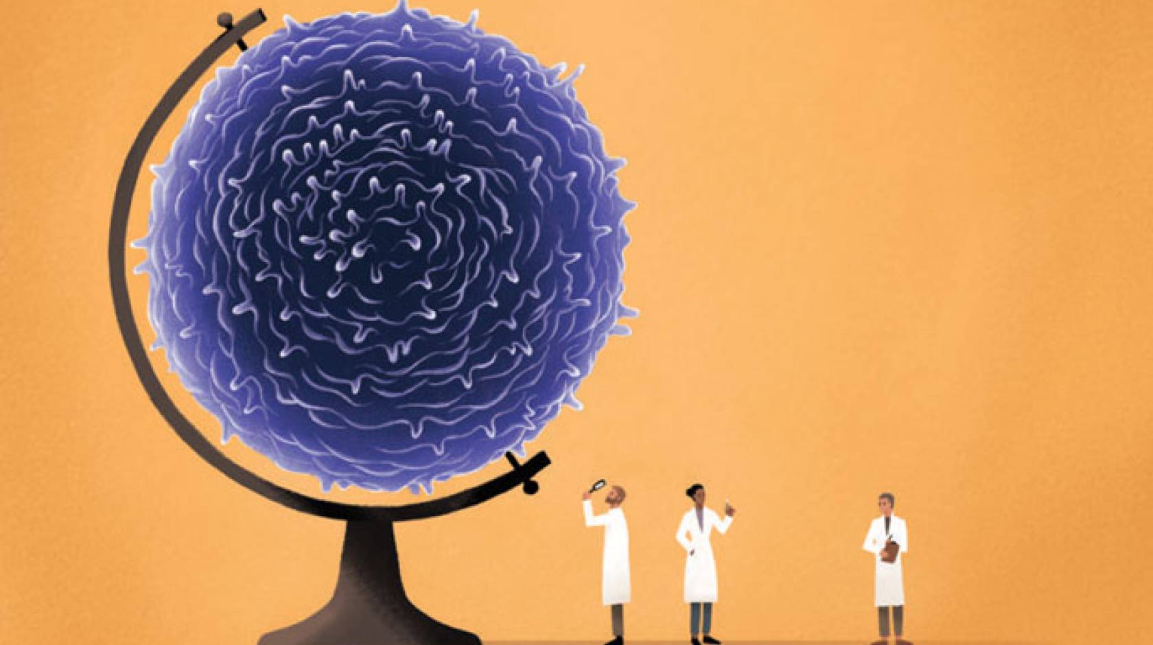 Illustration of scientists examining a cell that looks like a globe