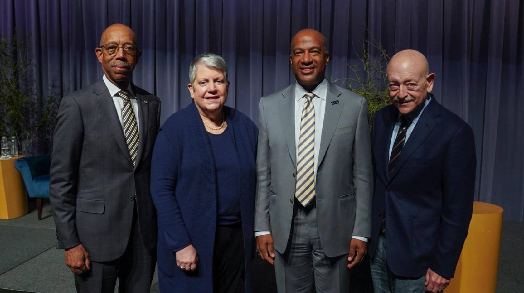 UC President Michael V. Drake, President Emerita Janet S. Napolitano, Chancellor Gary S. May and President Emeritus Mark G. Yudof