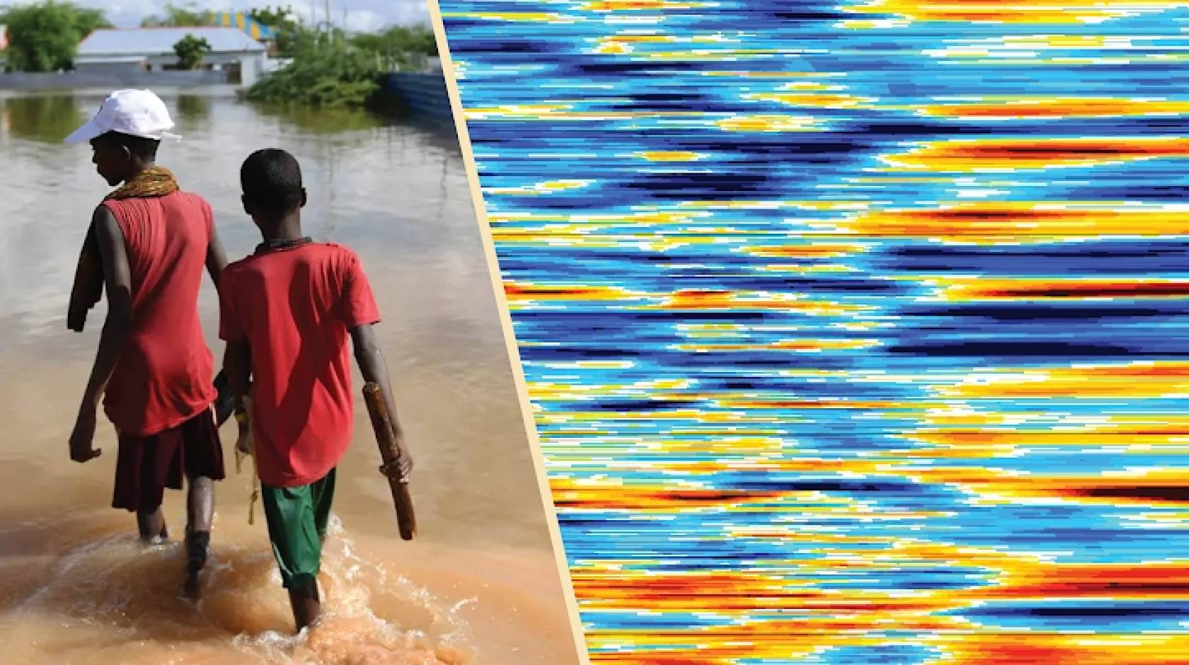 Two East African youths walk through a flooded street, with a weather heatmap juxtaposed on the right side of the image