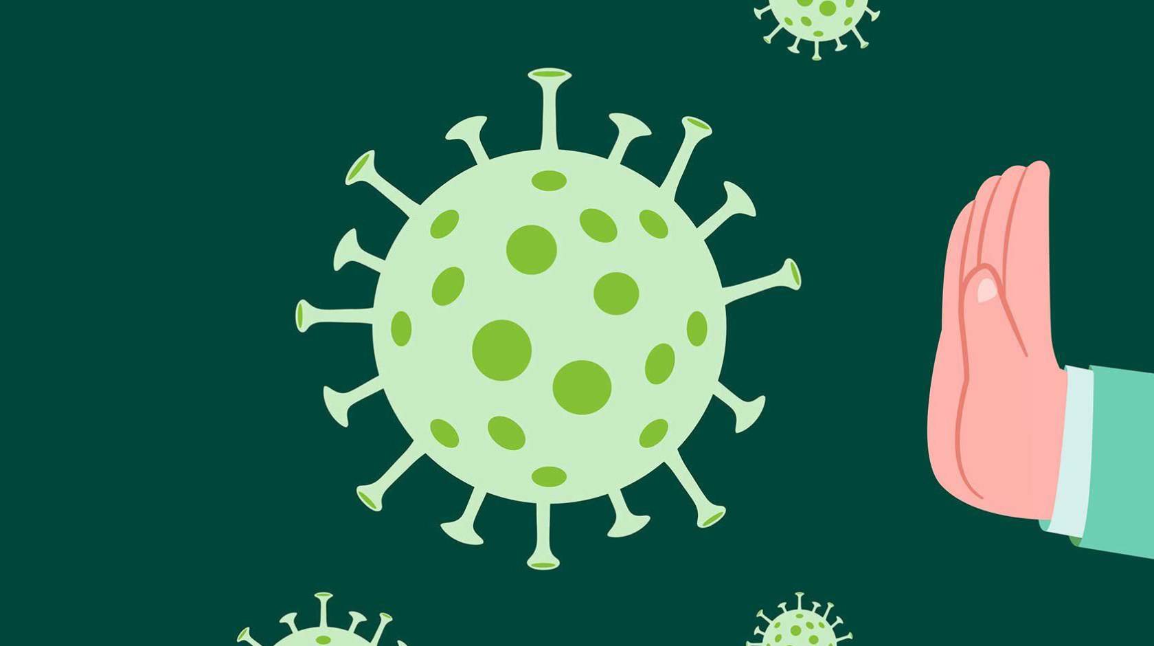 A COVID-19 molecule with a few smaller ones nearby, and a hand making a stop sign at it on a green background