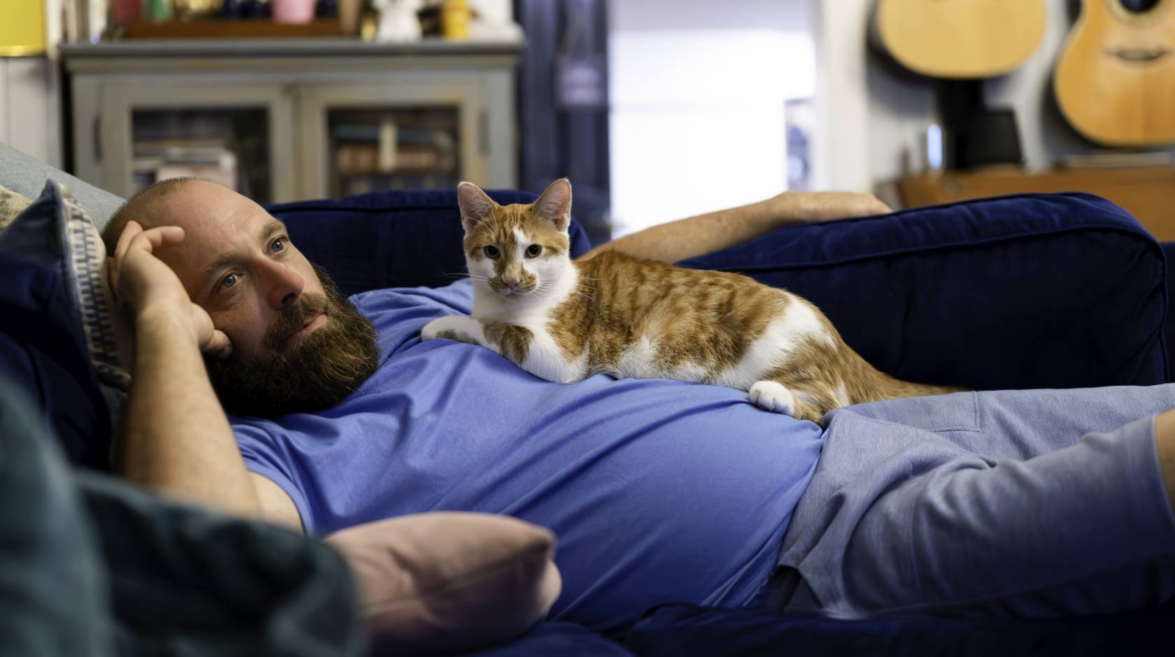 Middle age real man with dad bod lying on a couch relaxing at home with orange cat
