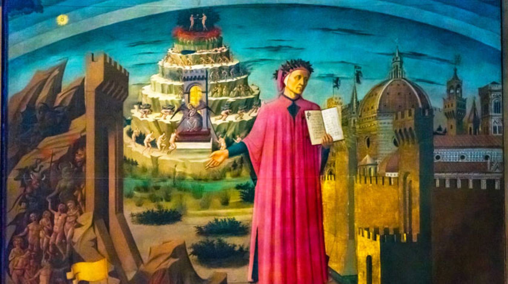 Domenico di Michelino Dante Divine Comedy Painting Duomo Cathedral Santa Maria del Fiore Church Florence Italy. Painting created 1465