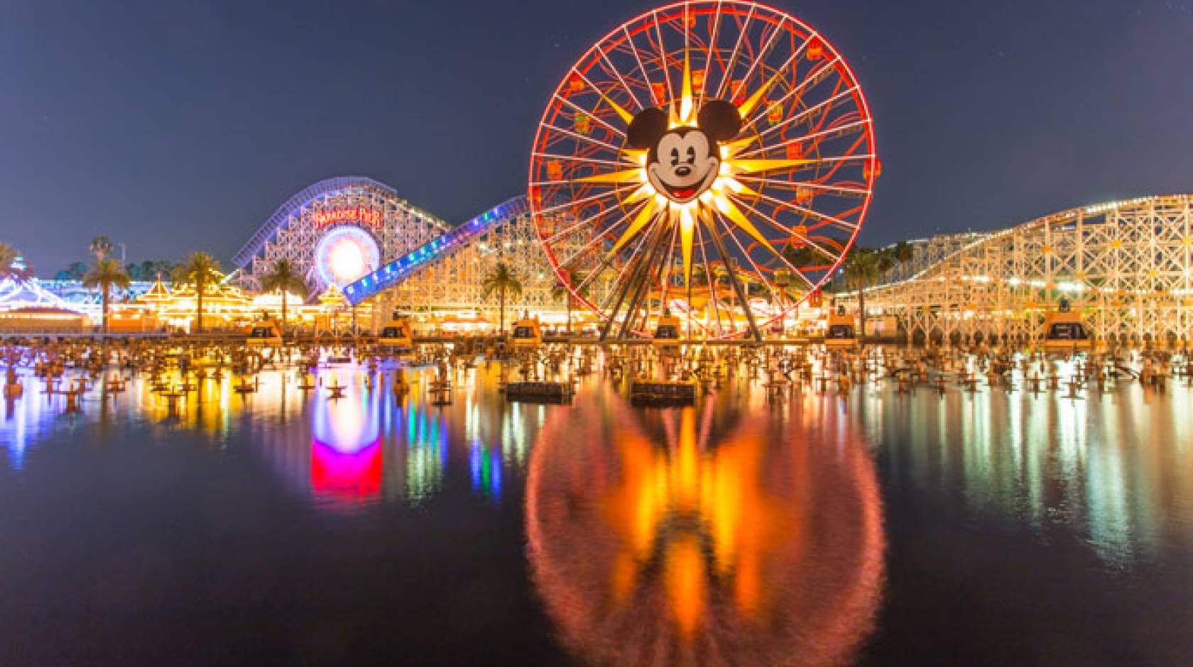 View of a Disneyland coaster with Mickey Mouse on it