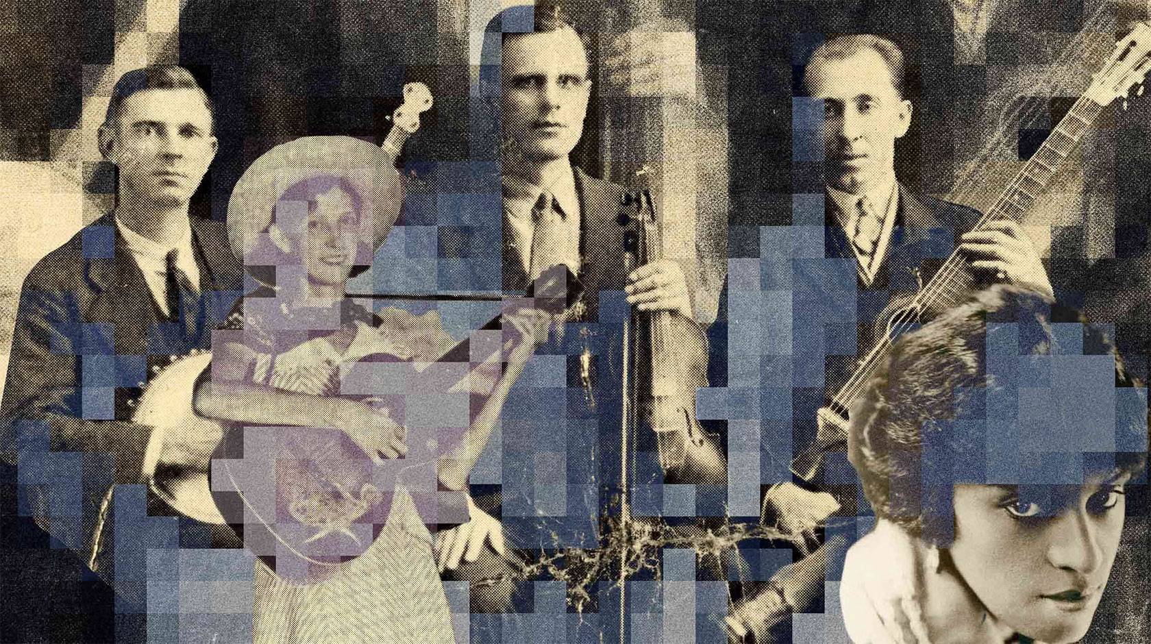 A gray and blue toned collage of old-timey photos of musicians