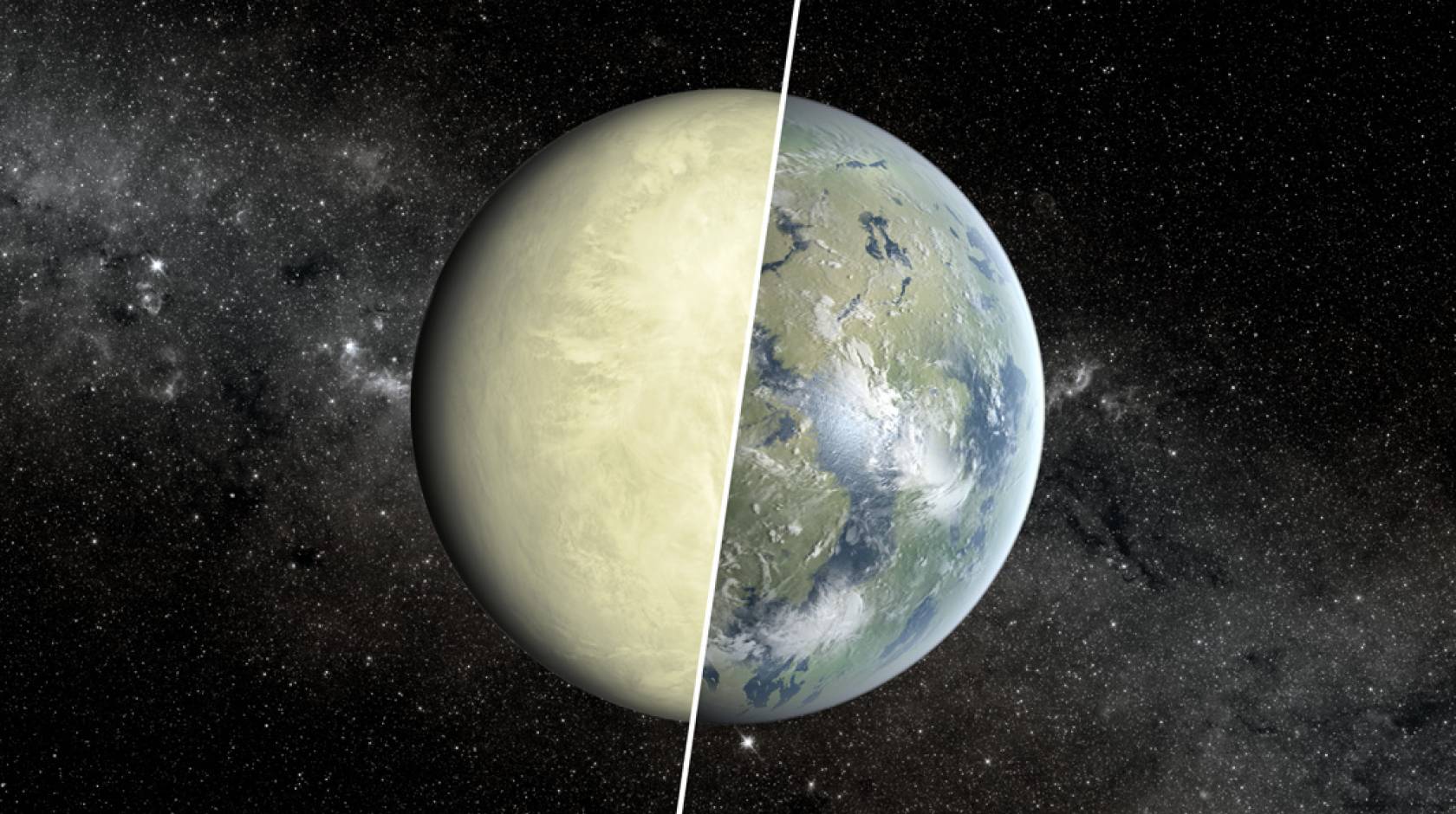 Illustration shows a Super Venus planet on the left and a Super Earth on the right.