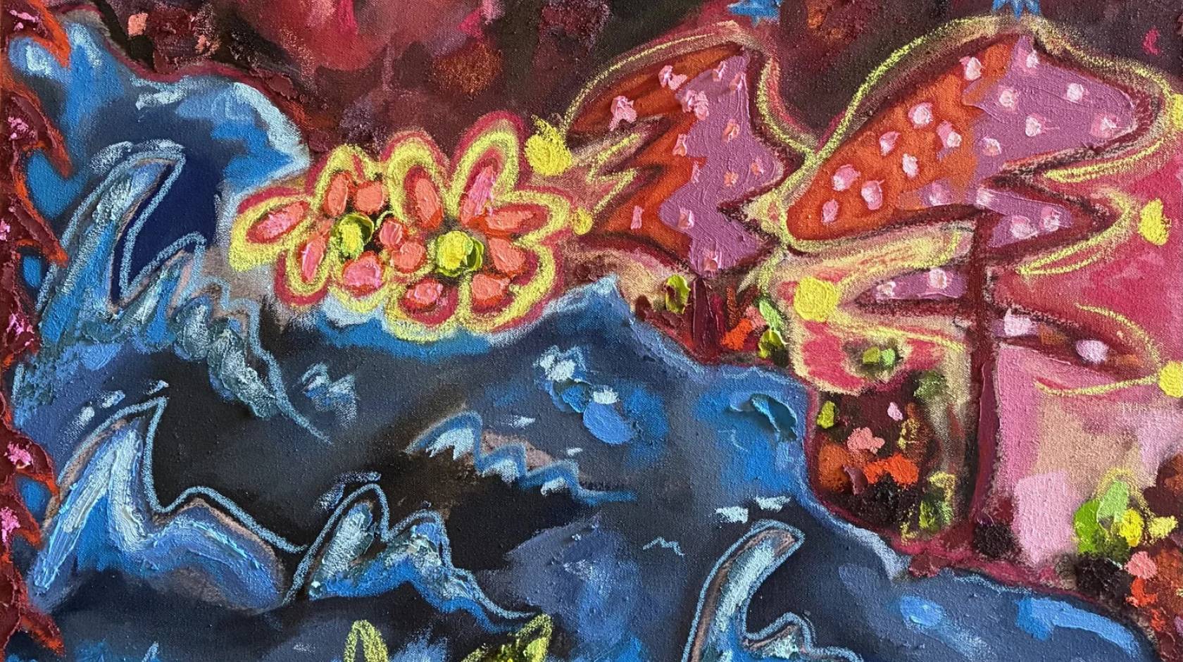 A colorful canvas with a blue river-like zag and a red mountain-like area above it