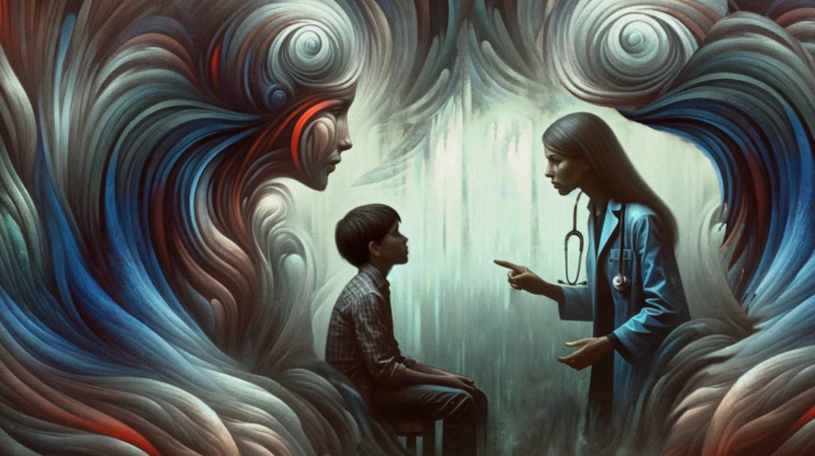 An illustration of a woman doctor speaking to a child, who has a mythical, looming head overlooking him