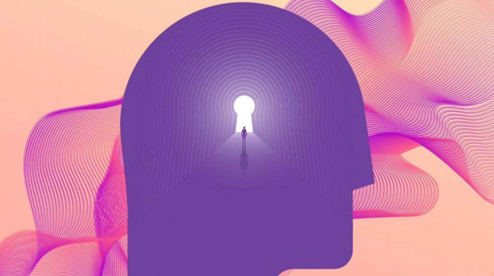 A person inside a purple silhouette of a head with a design in the background
