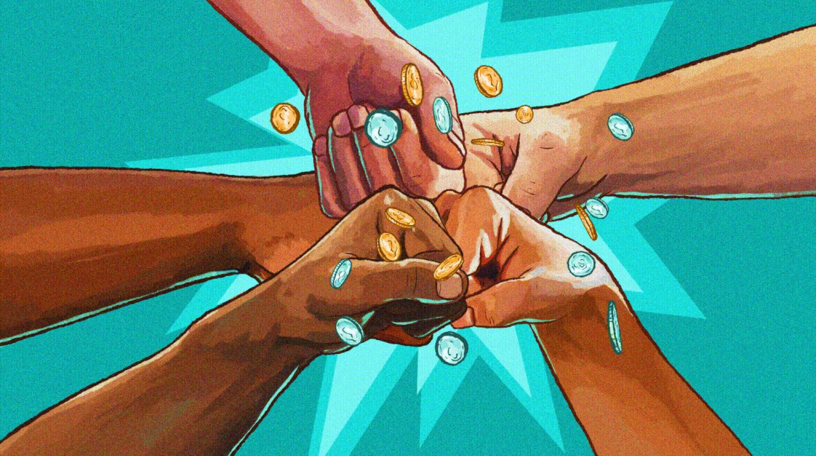 A still from an animation of fists from people of color fist-bumping with a cartoonish explosion and coins flying out
