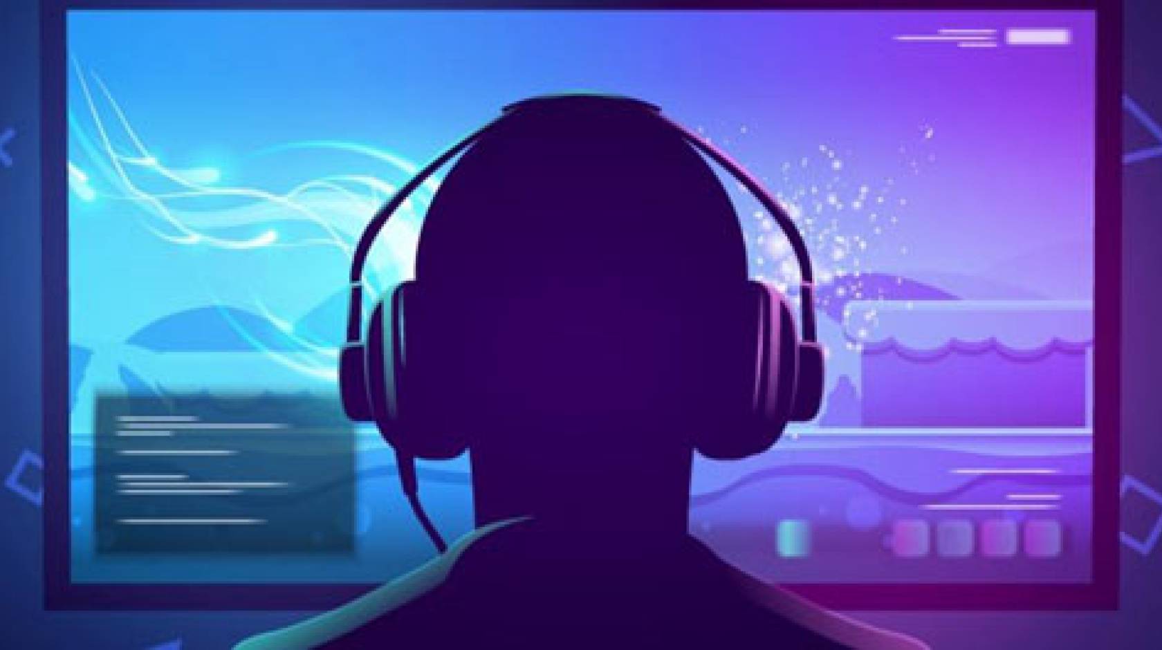 Illustration of person wearing headphones looking at purple screen