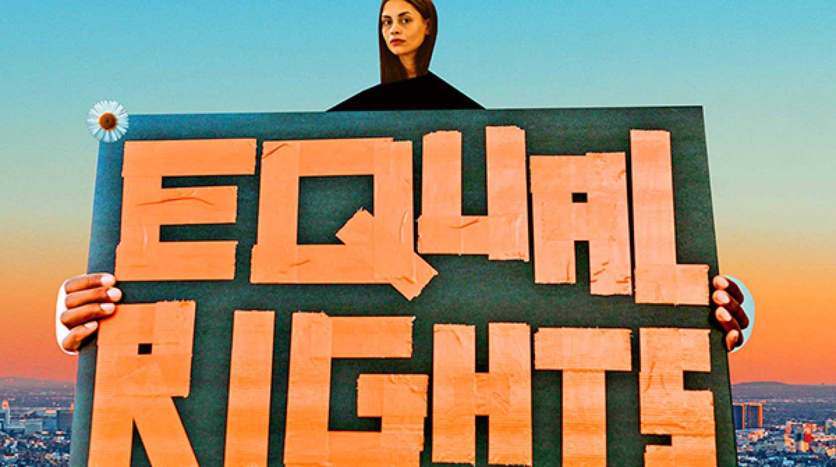 Collage of a woman holding a sign that says Equal Rights with other signs and fists held up below her