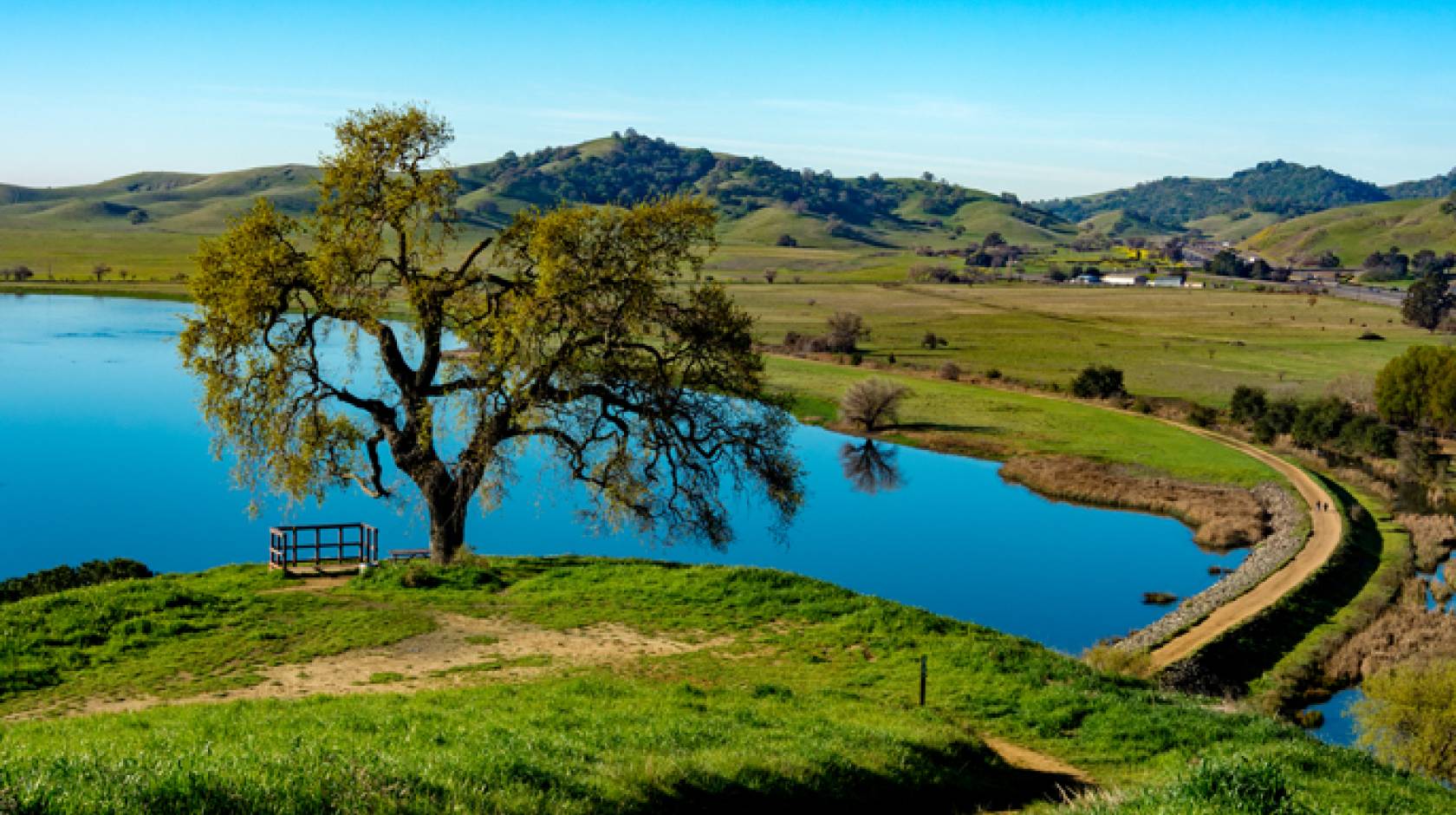 Lagoon lake with road in spring