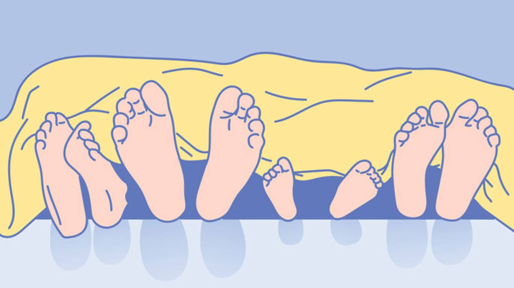 Lots of feet sticking out of bed illustration