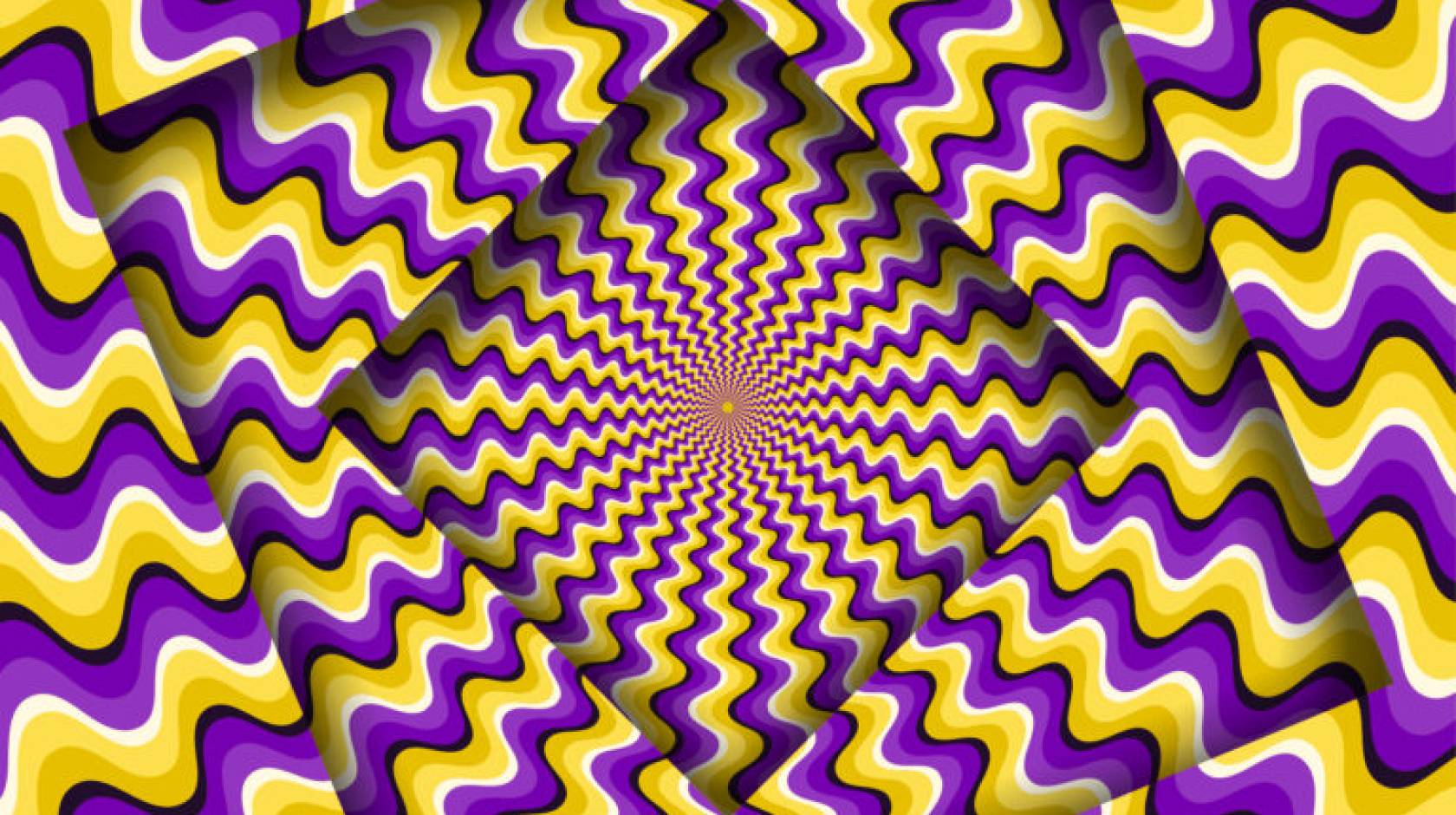 Image of squares covered in yellow and purple squiggles that create an optical illusion that the squares are moving.