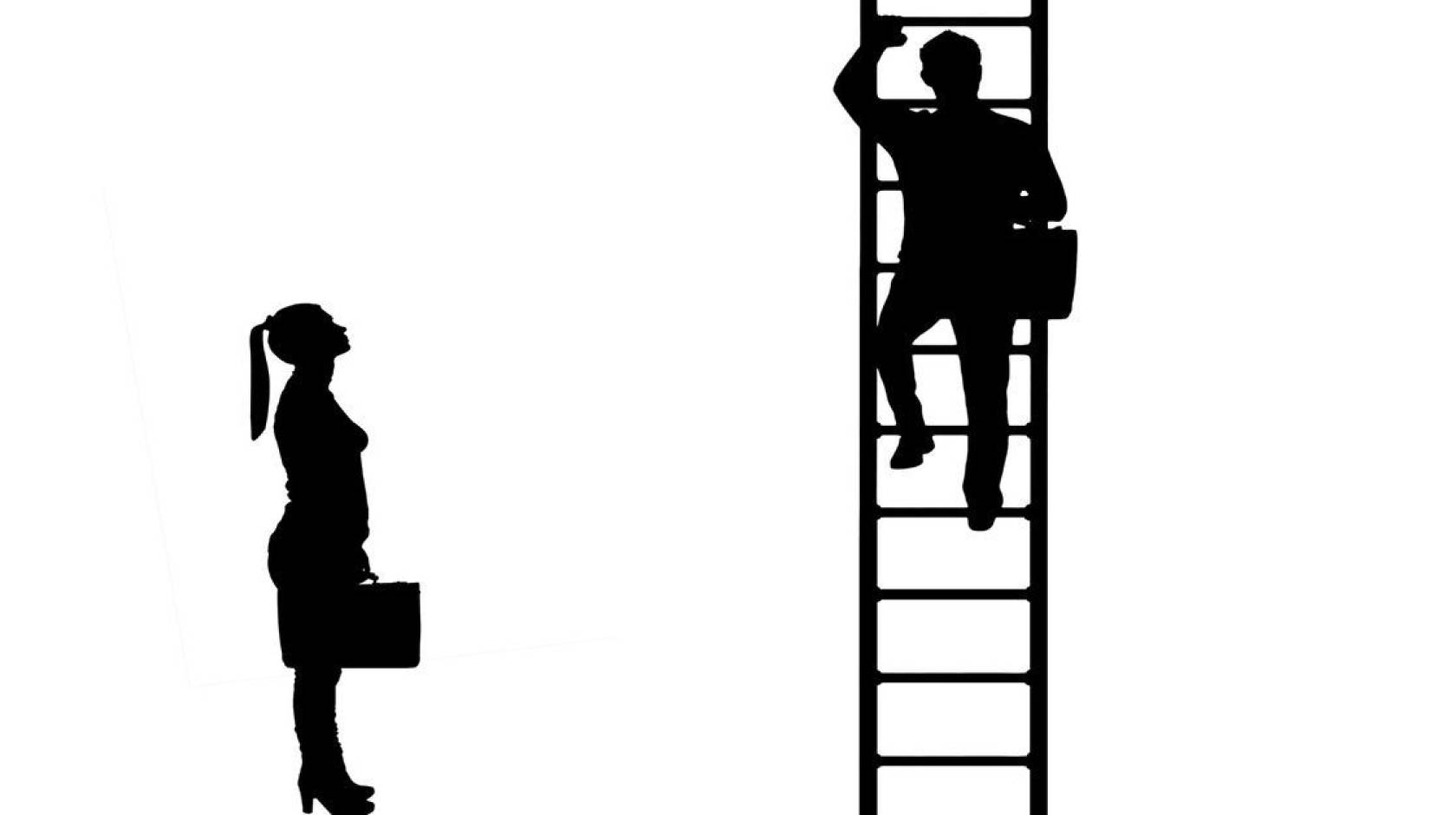 Silhouette illustration of a woman in heels holding a briefcase looking up at a man with a briefcase climbing a ladder.