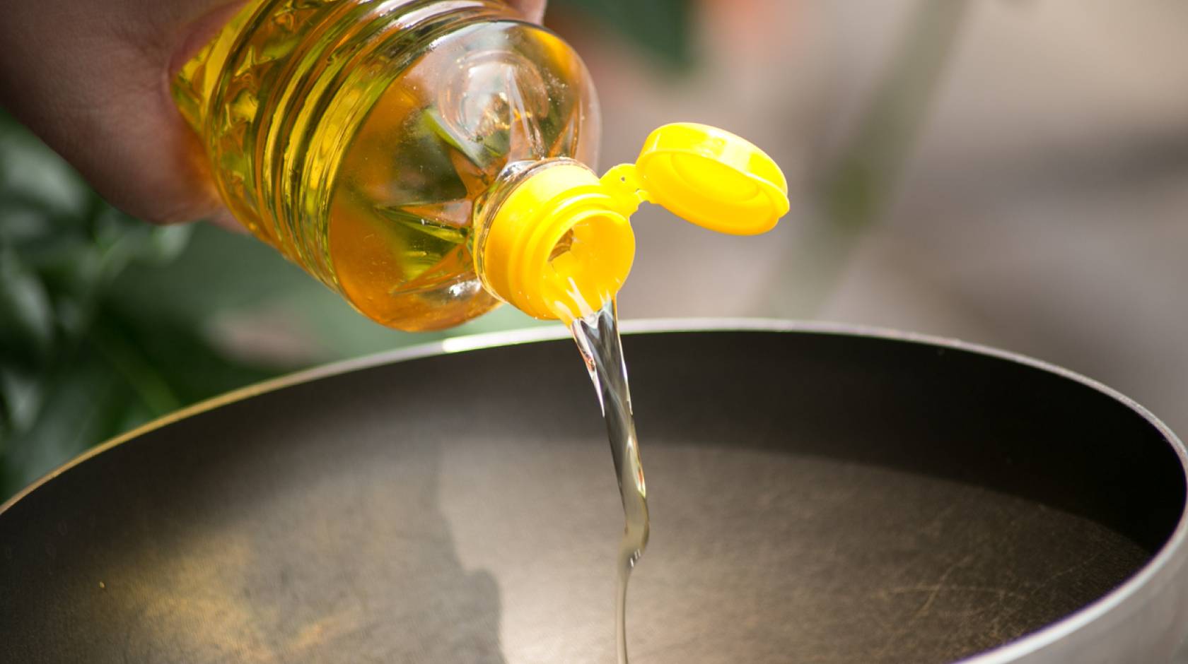 Soybean oil being poured into a hot skillet