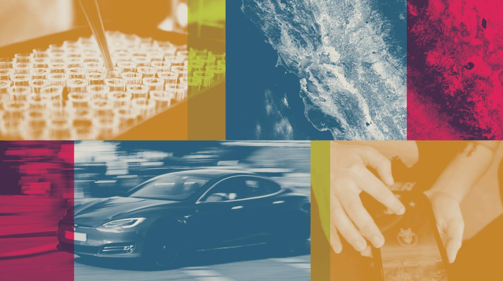 A photo collage with blue, red and yellow overlays showing lab work, a car, a phone and a satellite image of California.