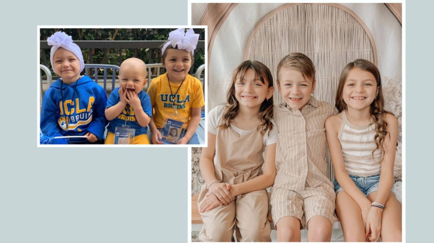 A collage with, on the left, a small photo of very young children in UCLA gear; on the right, of the same children older
