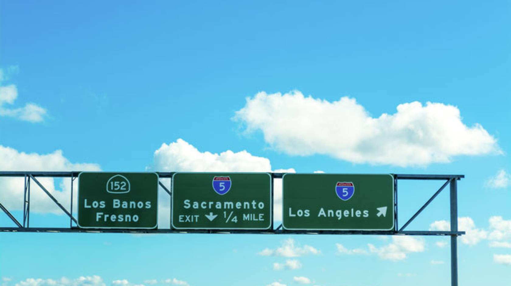 Sacramento and Los Angeles signs in 5 freeway stock photo