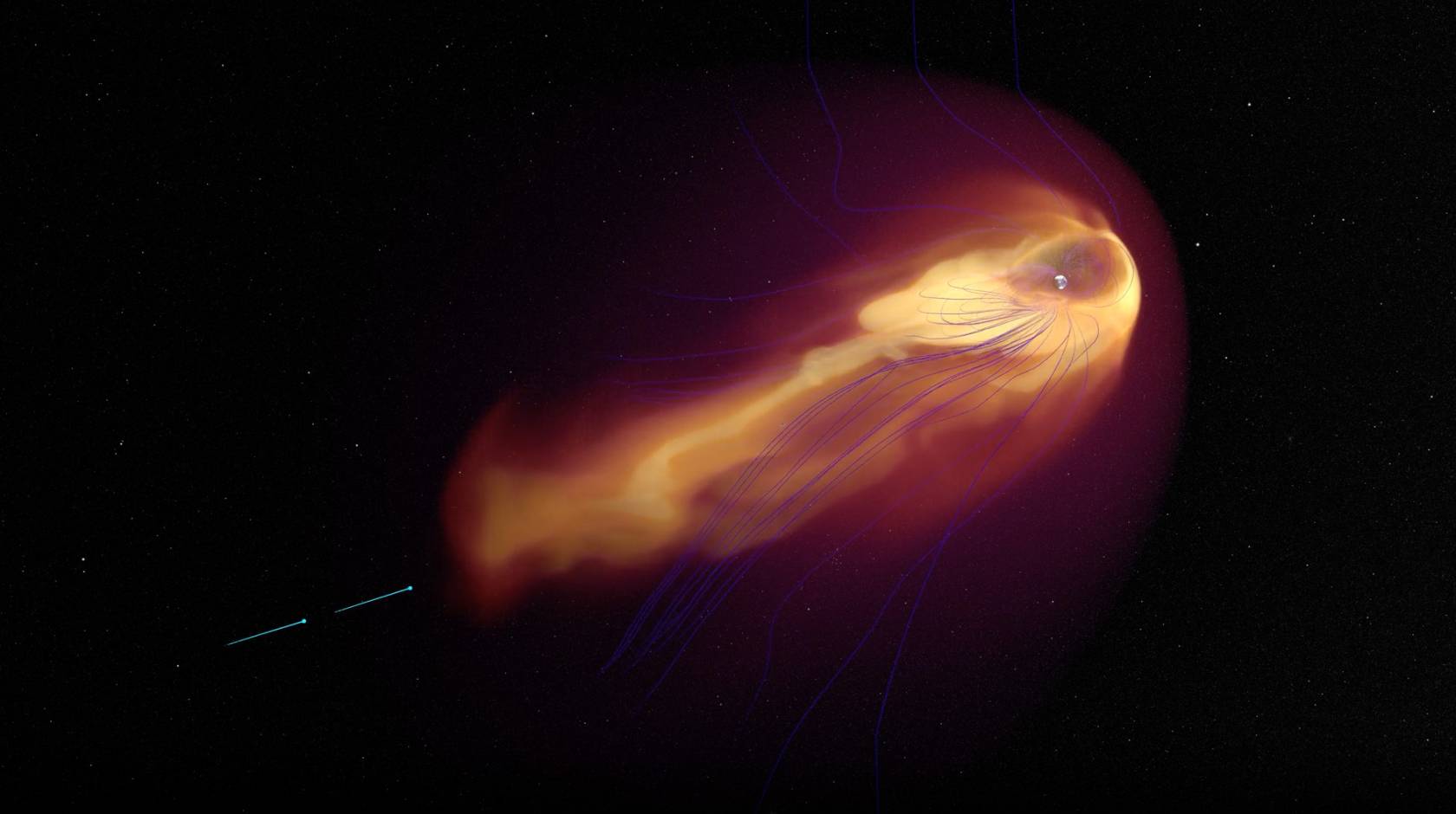 A visualization of two thin blue dashes, the satellites, behind what looks like a fireball in the sky, but is actually a magnetic field