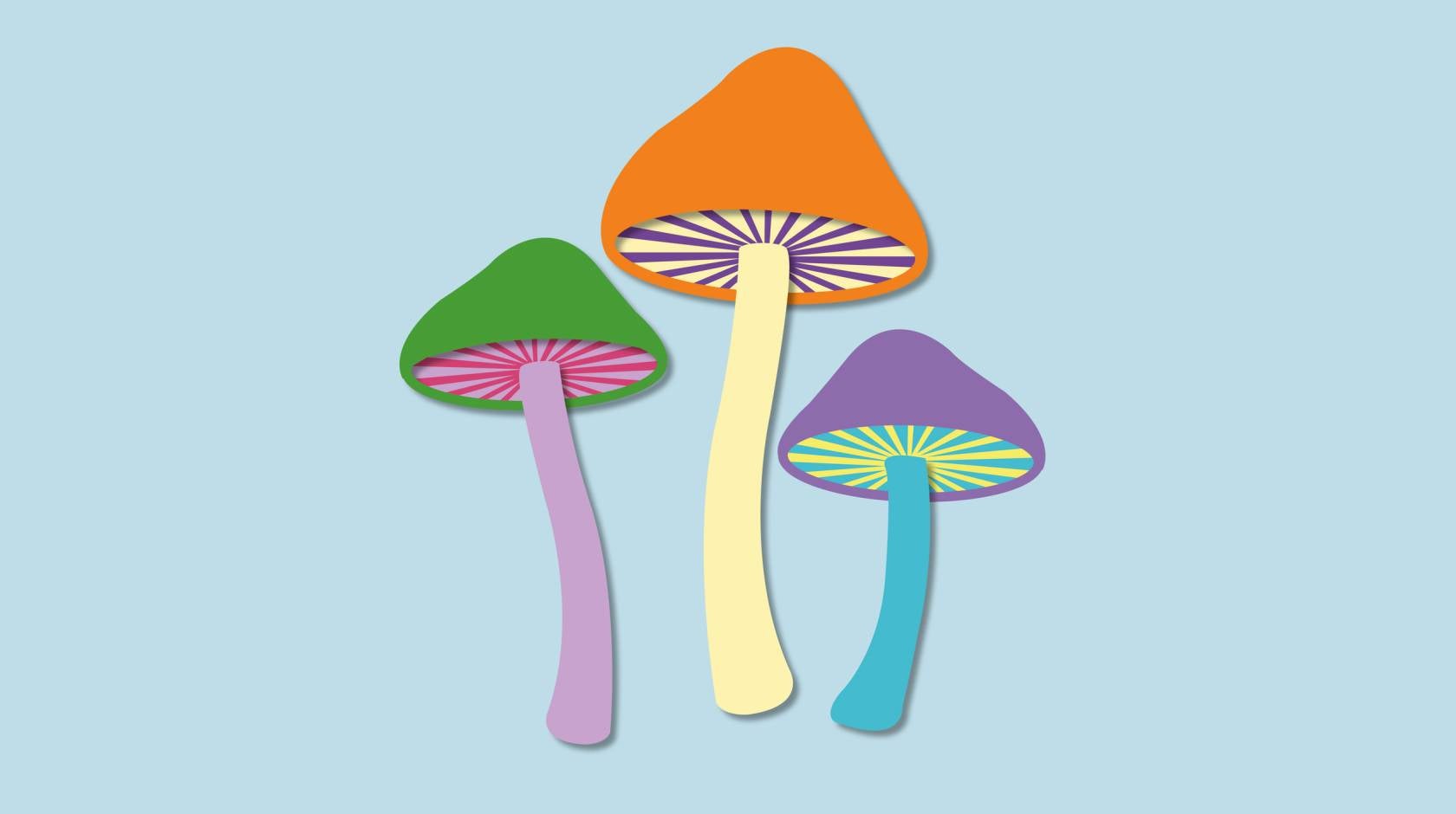 An illustration of three colorful mushrooms