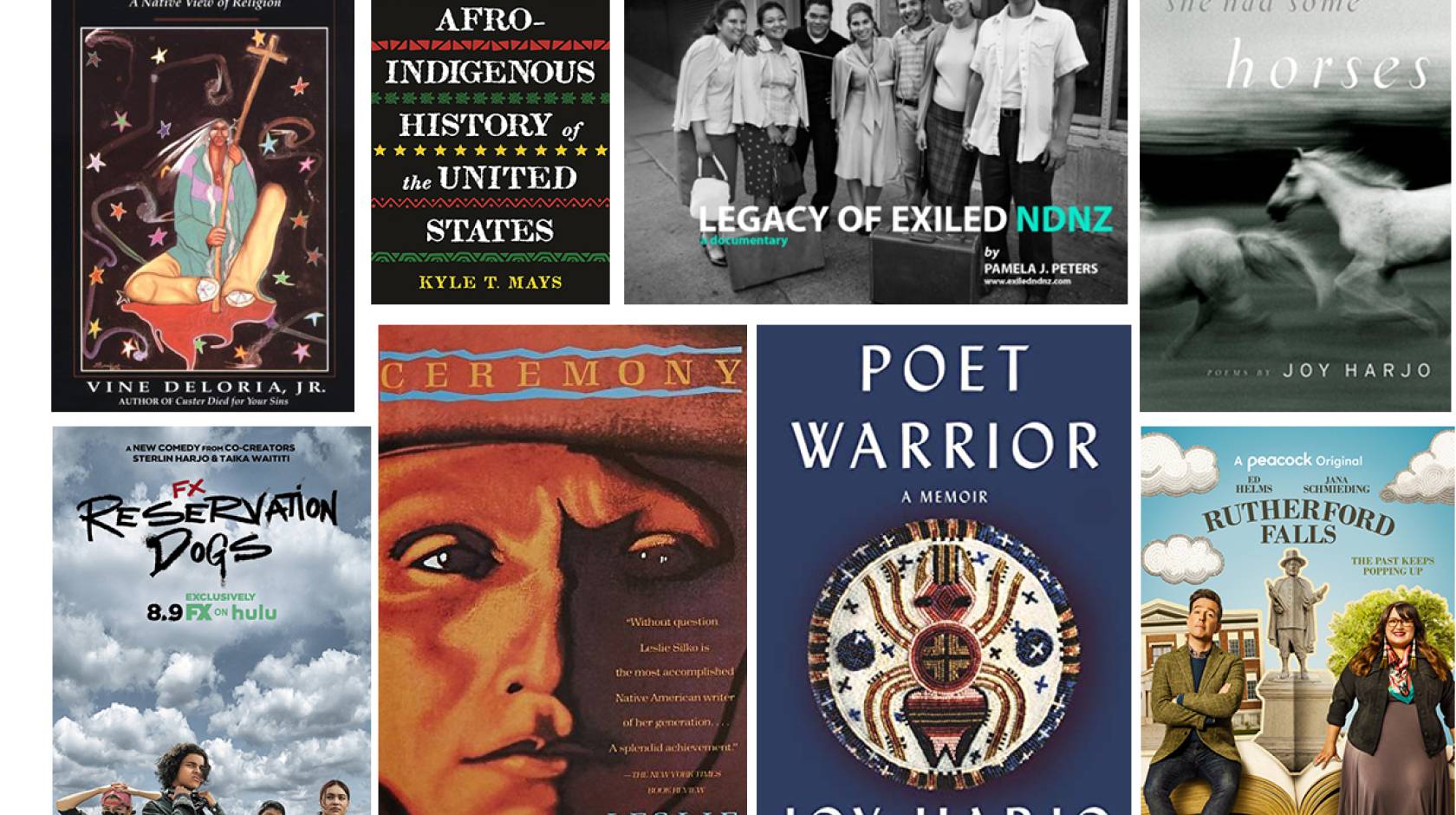 Collage of books, movies, CDs that feature Native American artists