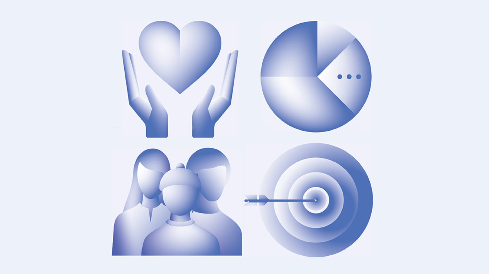 Four-part illustration of a hand holding a heart, a pie chart, a group of three people, and an arrow hitting a target