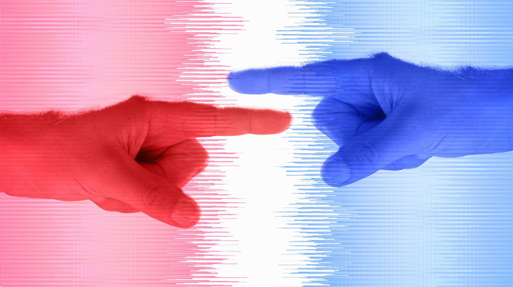 One red and one blue man's hand point toward each other, Red and blue abstract background