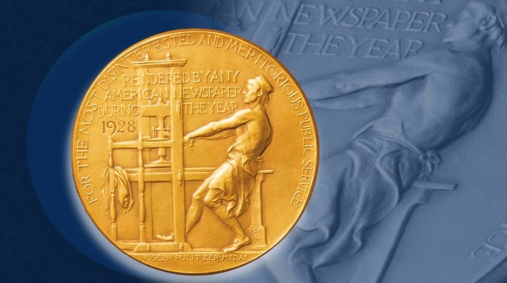 An image of the Pulitzer Prize medal which features a man dressed from the torso down operating an early press