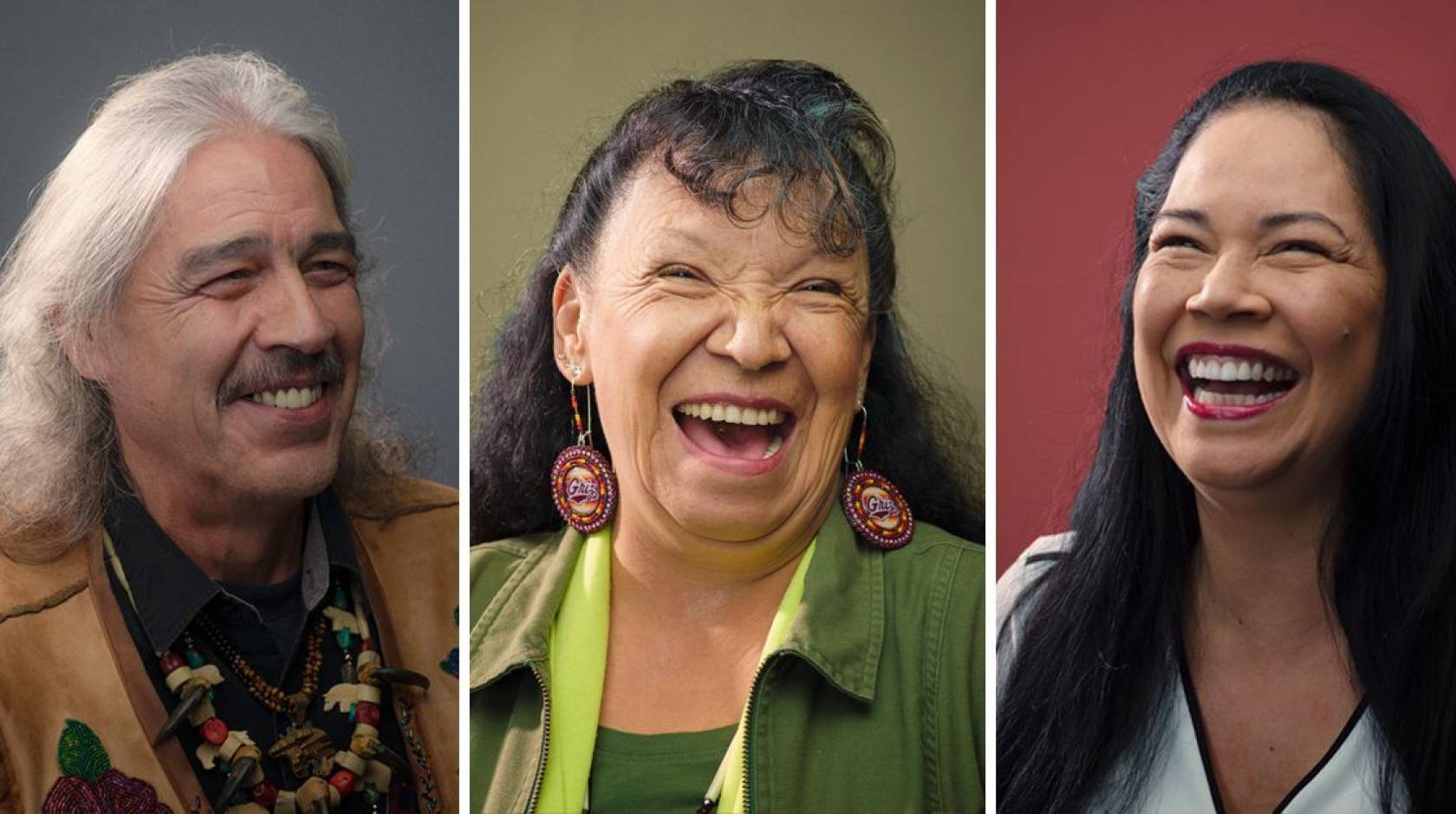 Three laughing Indigenous Native American portraits by Ryan RedCorn