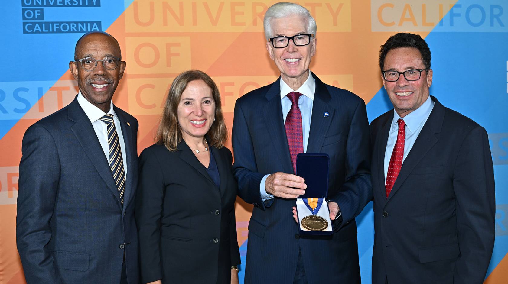 President Drake, Lt. Gov Eleni Kounalakis, former Gov. Gray Davis and UC Board of Regents Chair Richard Leib at an event honoring former Gov. Davis