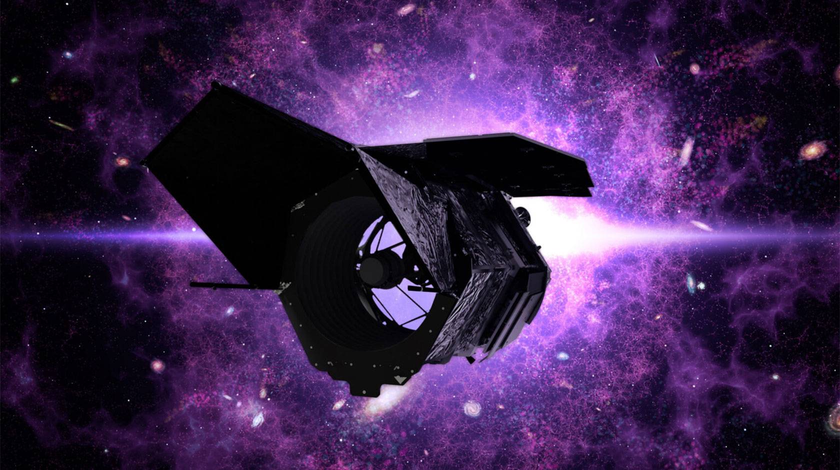 Illustration of the Nancy Grace Roman Telescope in space, flying toward a purple nebula.