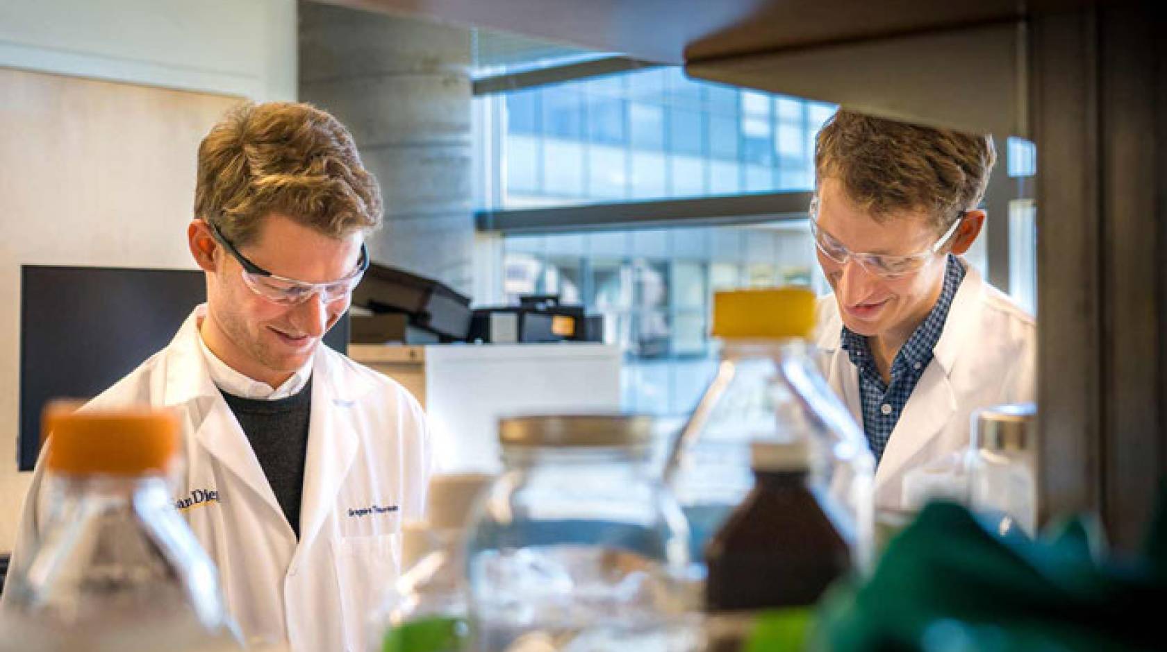Two bioengineers working in a UC San Diego lab