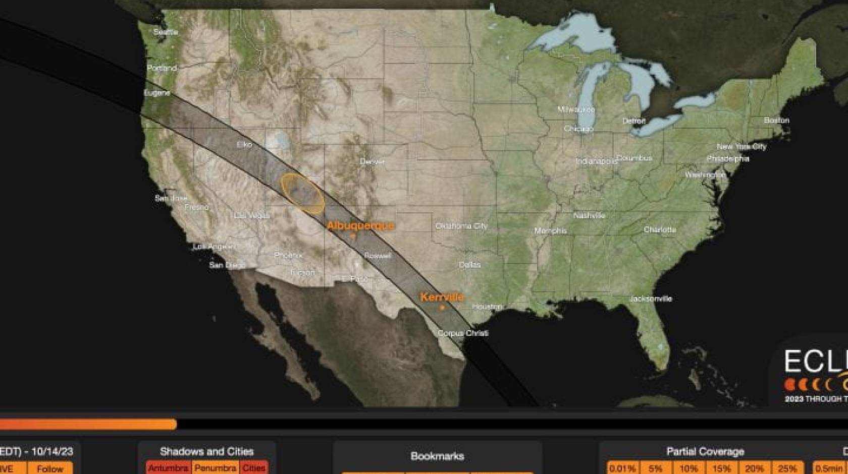 A graphic of the path of an upcoming solar eclipse passing over the United States