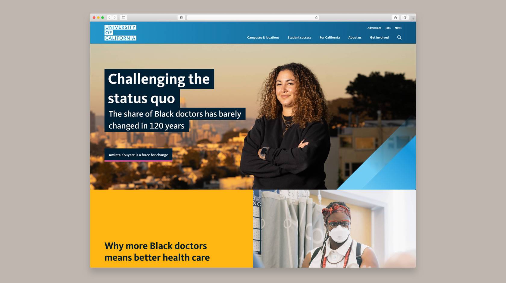 Screenshot of the redesigned University of California website featuring a young Black medical student