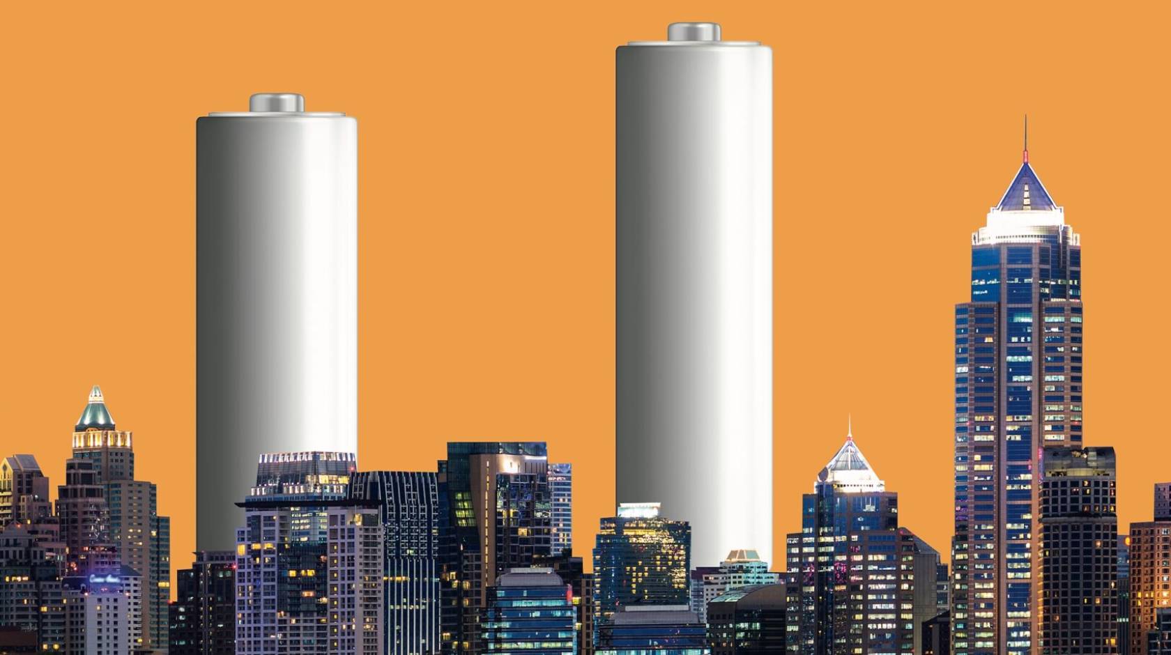 A city skyline with two batteries instead of skyscrapers among the skyscrapers