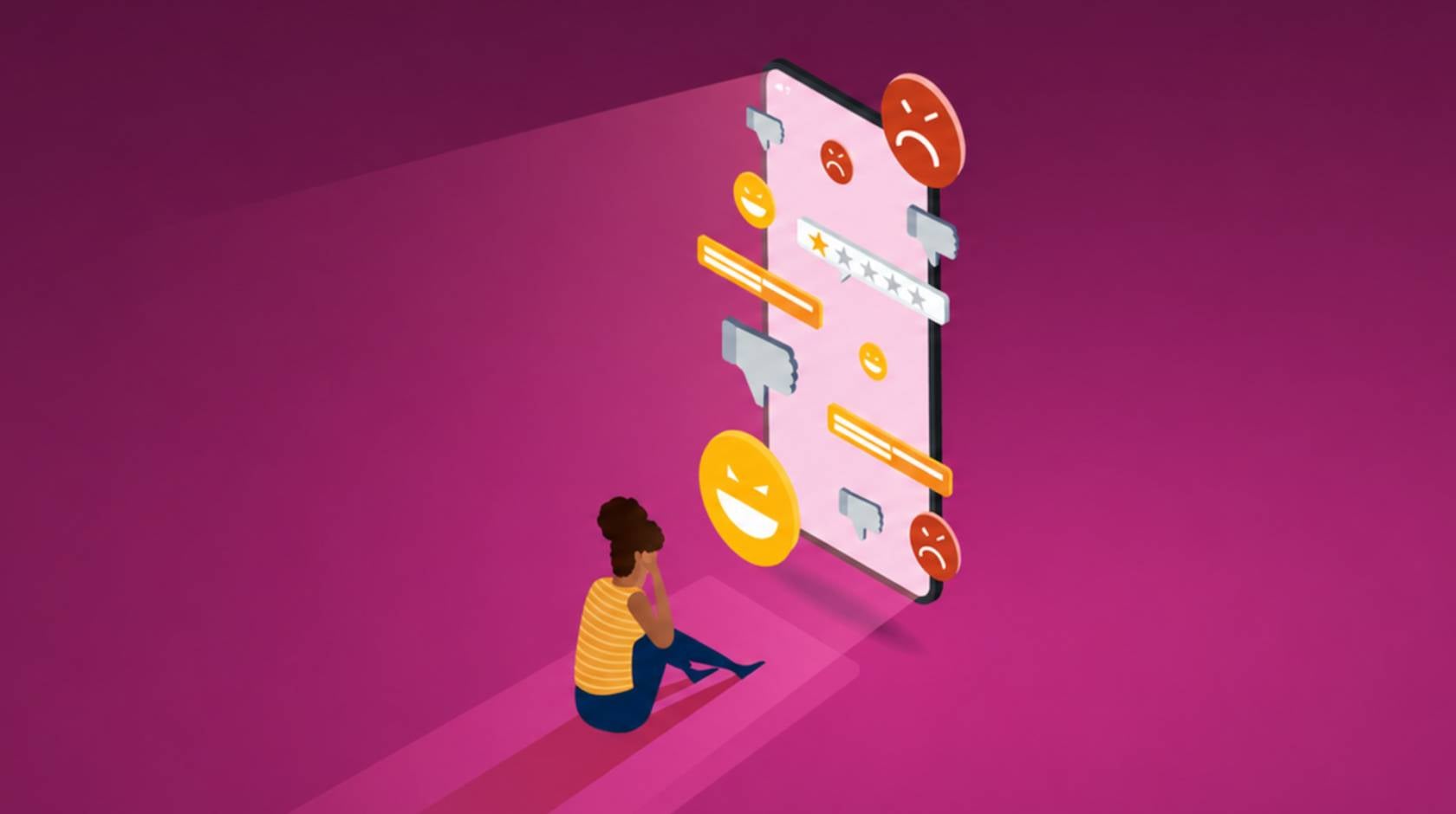 A graphic illustration depicting the concept of depression caused by social media, where a young girl sits dejectedly in front of a large phone displaying social media notifications.
