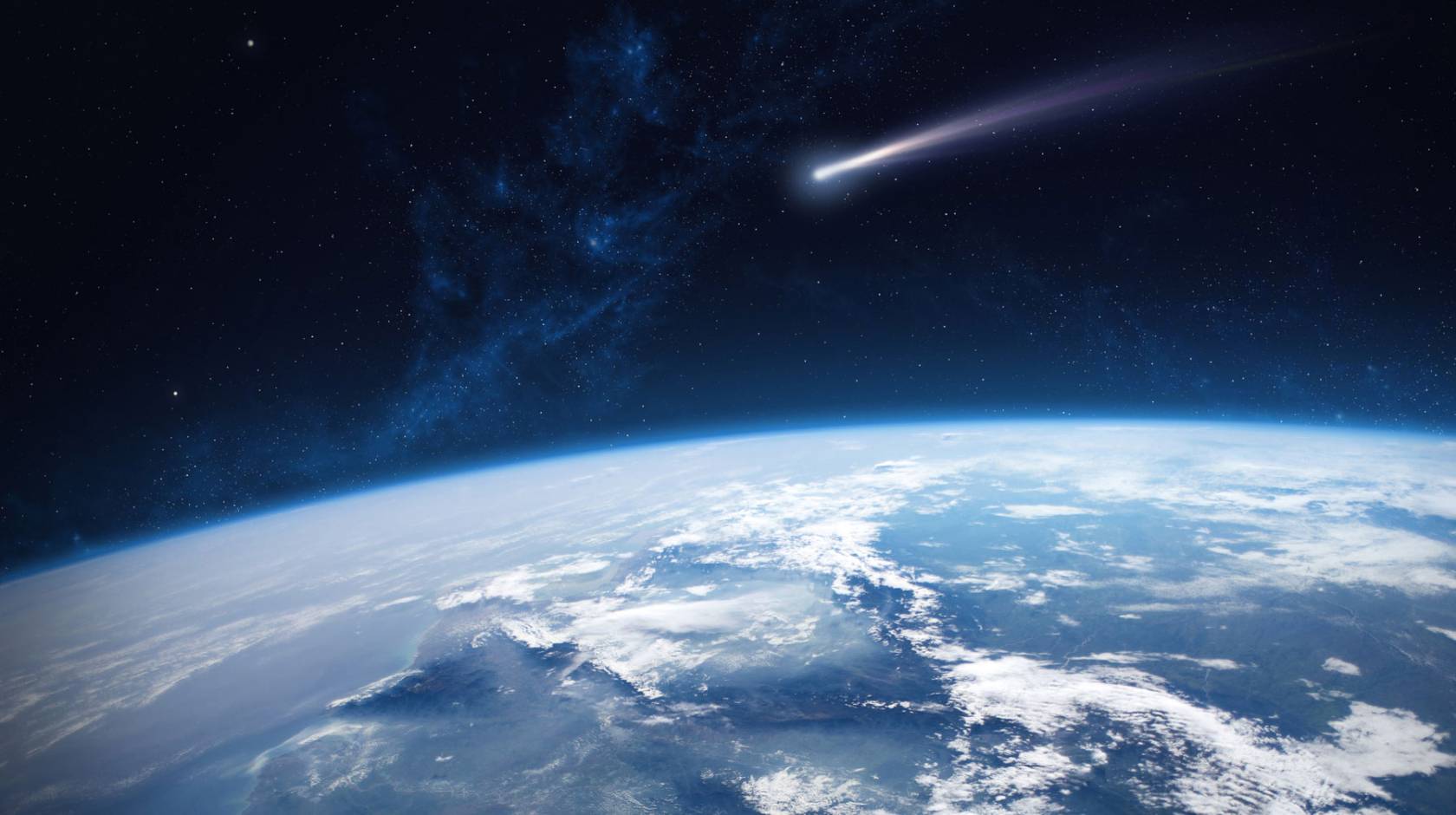 Photorealistic illustration from a spacecraft's-eye-view looking over the curve of the earth with a comet streaking through the middle of the image