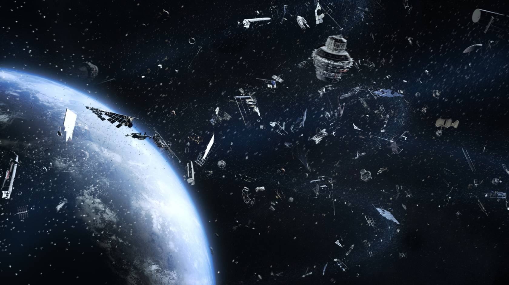 Artist's rendering of a cloud of metal scrap floating in orbit above earth, seen from space