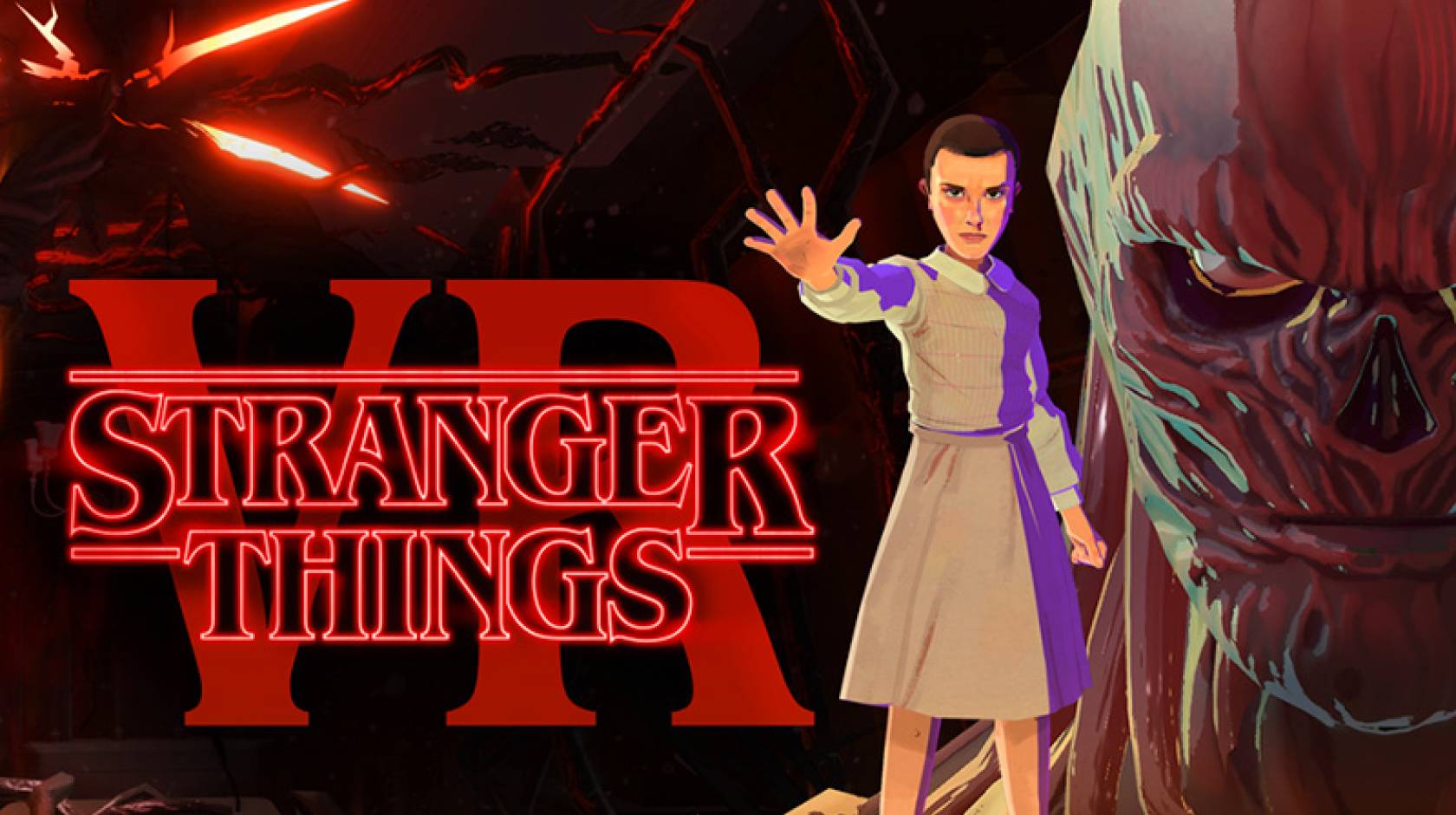 Screen shot from a video game promo showing a young character in a gray smock holding their hand to the camera with a big spooky evil head in the background, and an overlay text reading STRANGER THINGS VR