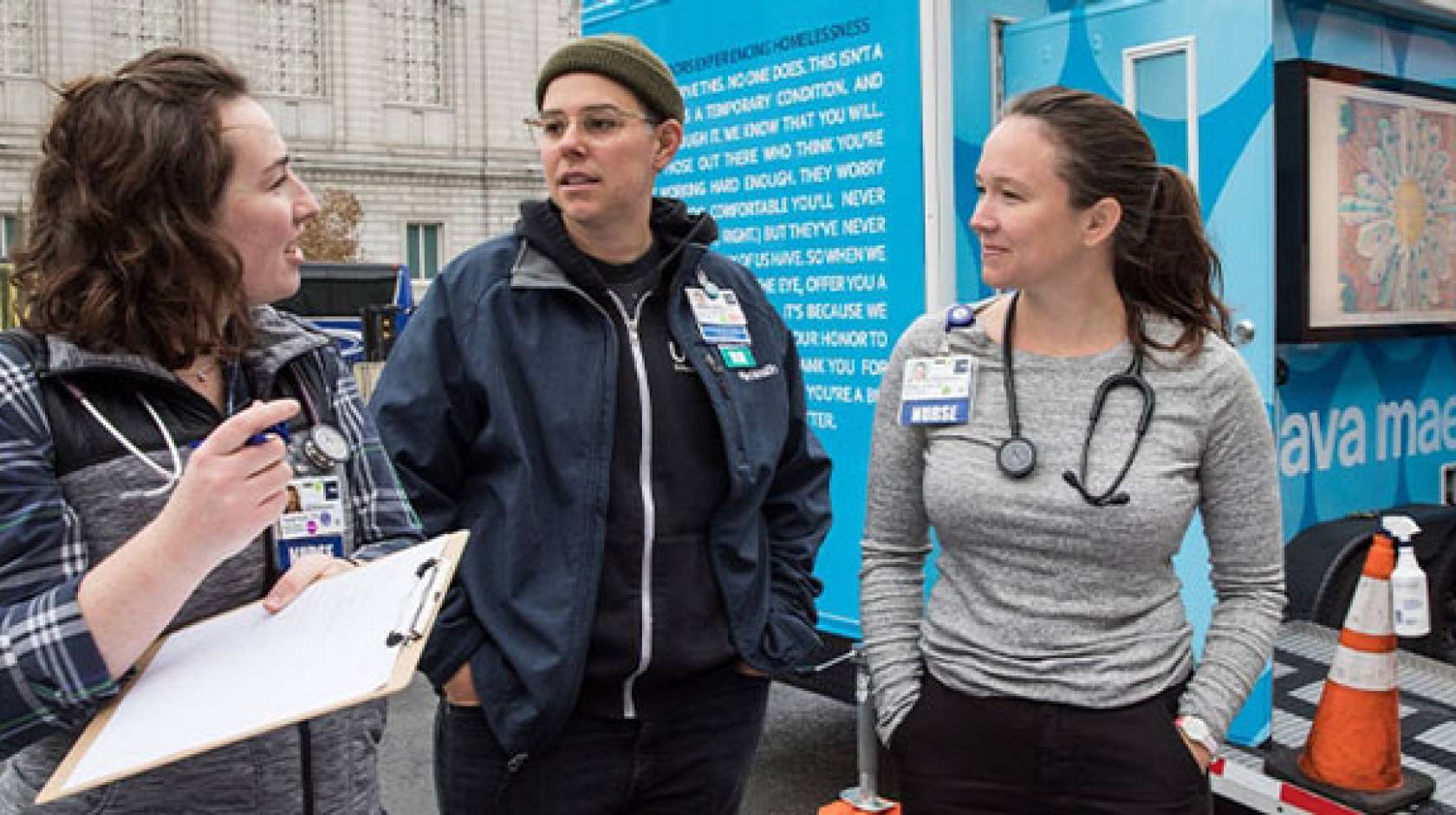 Three nursing team members on the streets near Civic Center