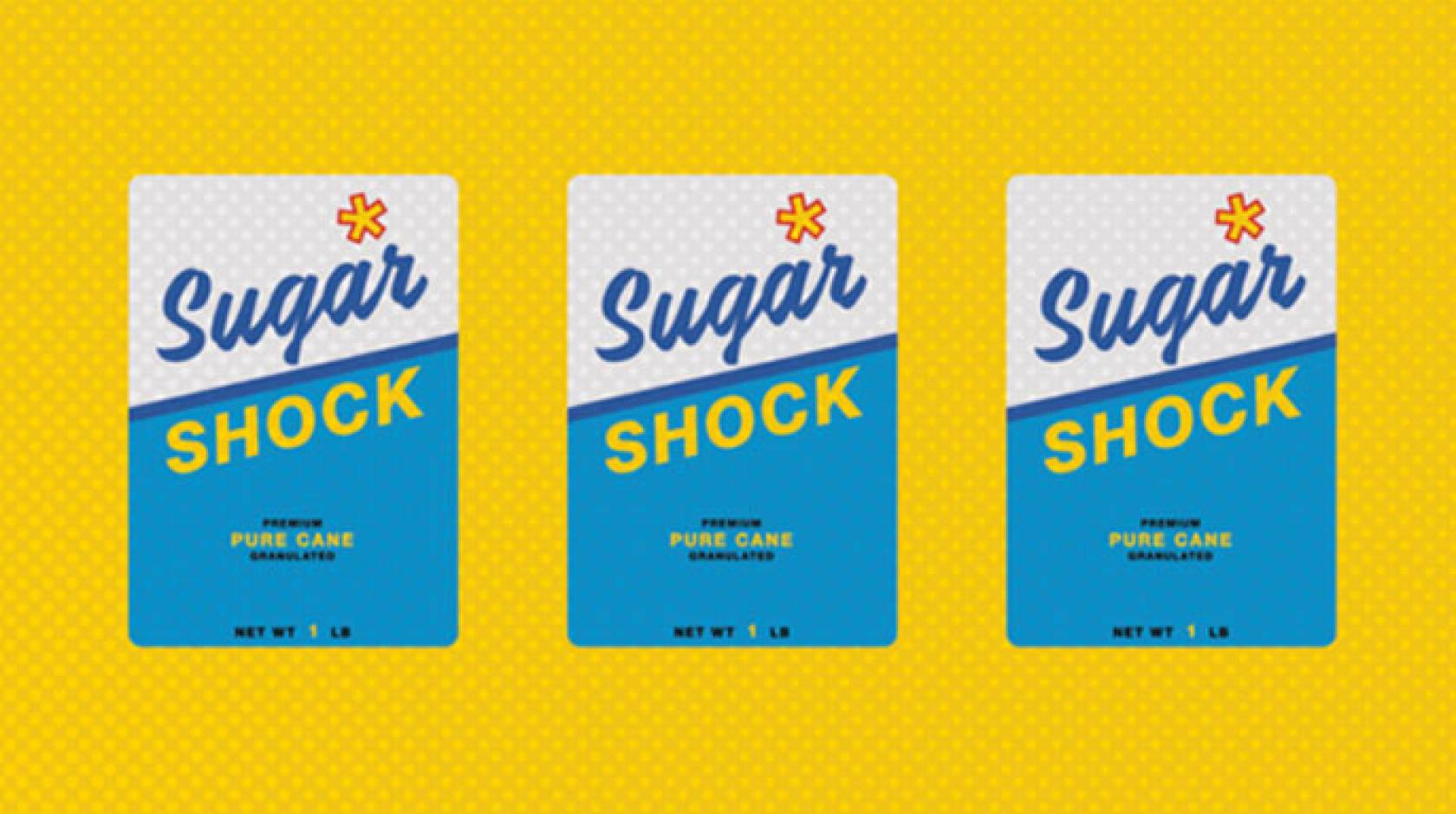 Sugar boxes that say shock in a row