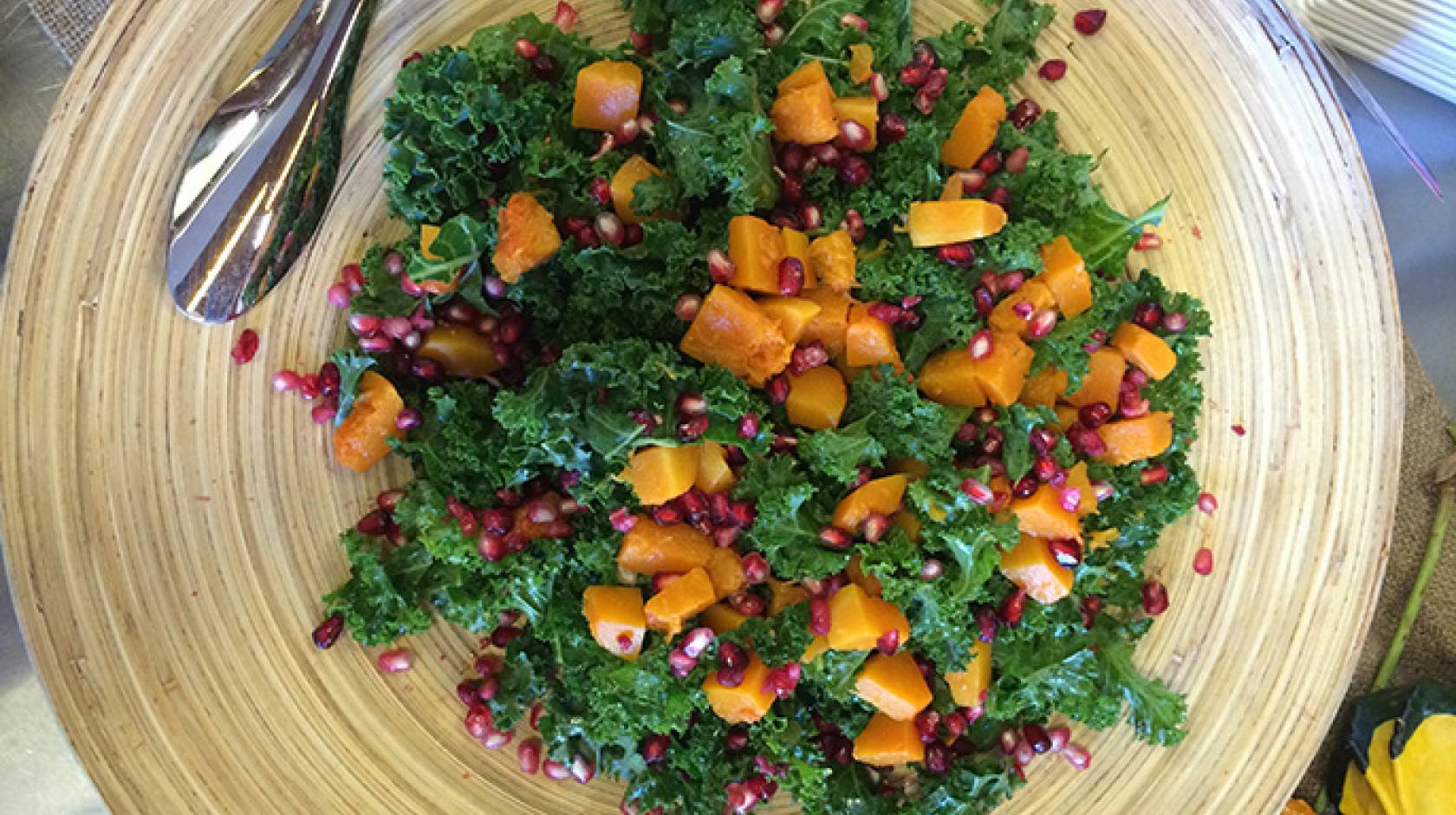 A vegan kale, pomegranate and roasted butternut squash salad is among the harvest salads on Brown’s winter menu. 