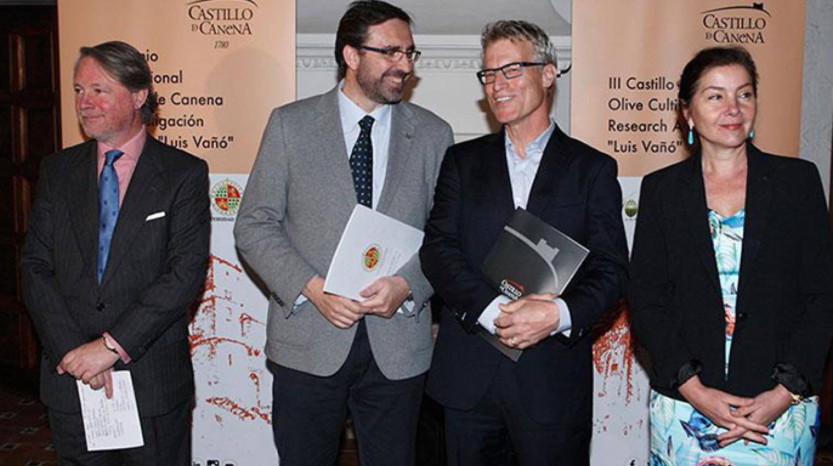 The UC Davis Olive Center’s Dan Flynn, second from right, stands alongside Juan Gómez, rector of the University of Jaén, during the award ceremony in Castillo de Canena, the castle after which the olive oil company is named. Also pictured are company owne