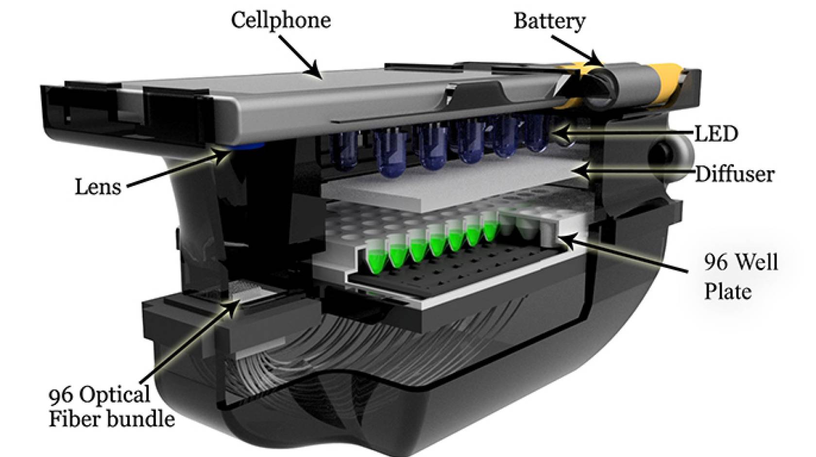 A schematic shows a smartphone and the diagnostic attachment for antimicrobial susceptibility testing.